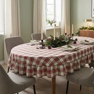 Christmas Ruffled Tartan Plaid Tablecloth – Red, White, Green, Navy Holiday Dining Cover