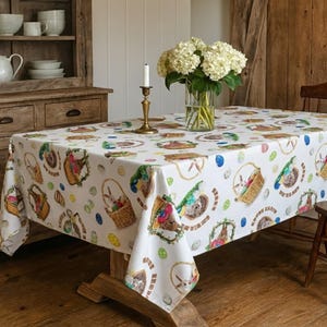 Paastafelkleed: print konijntjes en eieren, 100% katoen, aangepast formaat