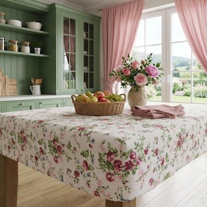 Mantel ajustable con estampado floral de primavera: mezcla de algodón impermeable, resistente a las manchas, tamaño personalizado rectangular o cuadrado.