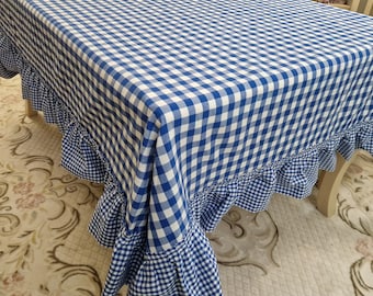 Gingham Ruffled Tablecloth Royal Blue, Custom Checked Table Cloth Extra Large Round Oval Rectangle Square, Farmhouse Frilled Table Cover