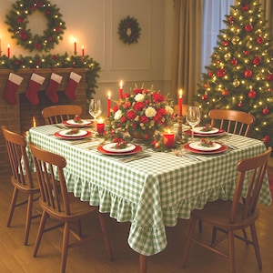 May include: A rectangular dining table covered with a green and white checkered tablecloth featuring a ruffled edge. The table is set with white plates on red chargers, clear wine glasses, and a central floral arrangement with red candles.