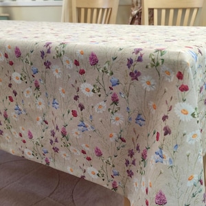 Beige Wildflower Tablecloth - Custom Size & Floral Print Cotton Blend, Farmhouse Decor