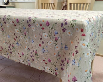 Beige Wildflower Tablecloth - Custom Size & Floral Print Cotton Blend, Farmhouse Decor