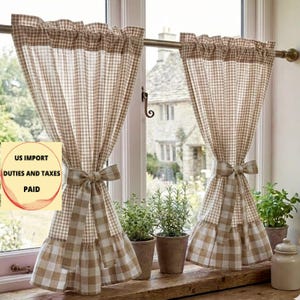 Beige Gingham Ruffle Cafe Curtains, Custom size, Farmhouse Checked Kitchen Valances Set of 2