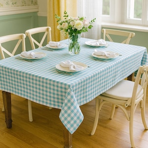 Coated Tablecloth - Teal or Navy Blue Gingham Cotton, Custom Size, Waterproof Checked Table Cover