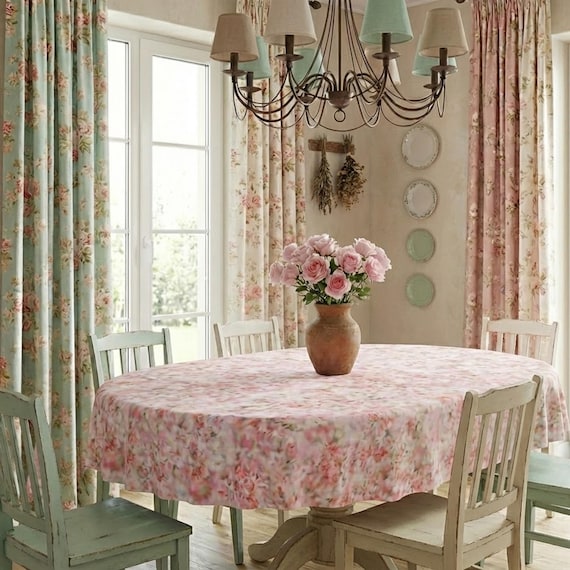 Ovale, rosa Tischdecke mit Blumenmuster, individuelle Größe und Form, Frühlings- und Ostertischdecke, Landhausstil