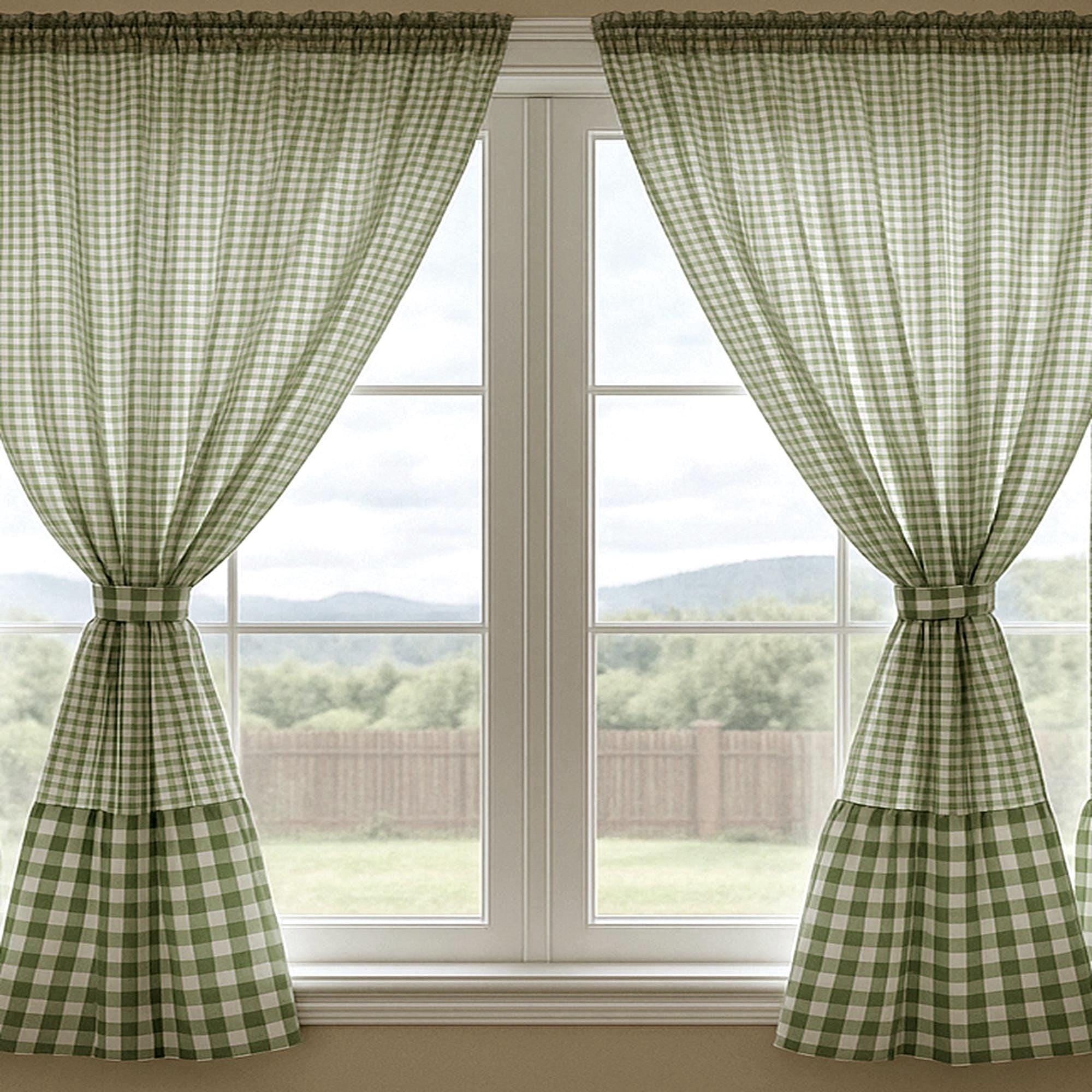 Lot 2 Rideaux Courts Fenêtre Cuisine - Coton Vichy Vert - 70x120 Cm