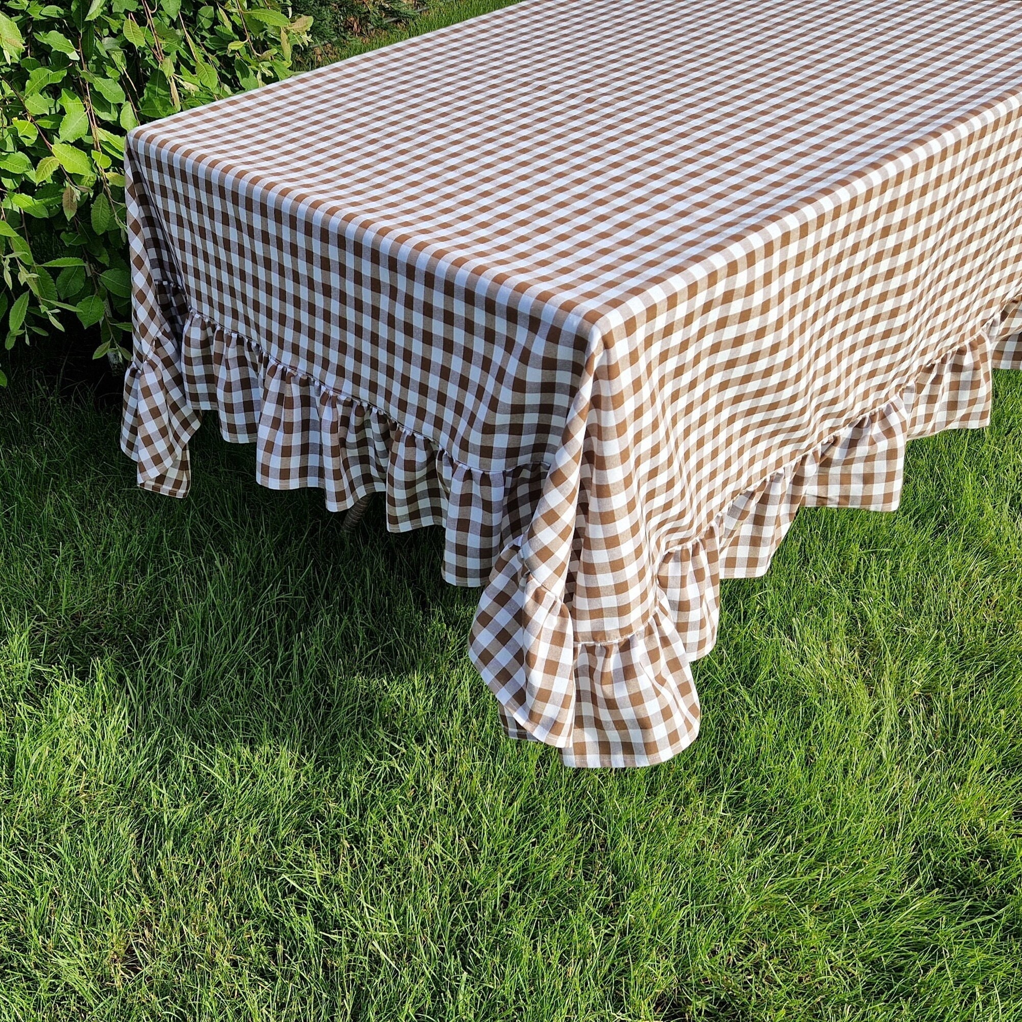 Gingham Ruffled Tablecloth Brown & 13 Colors, Custom Buffalo Check Rectangle Oval Square Round Table Cloth, Farmhouse Thanksgiving Decor