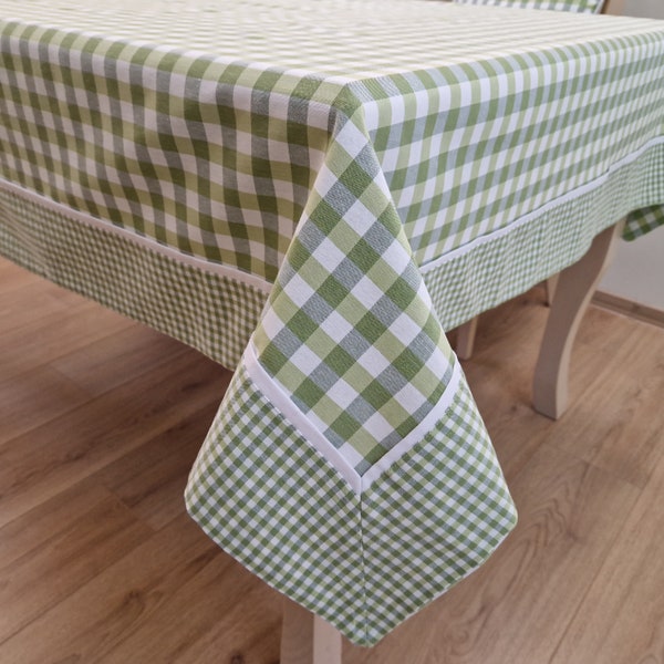 Gingham Plaid Tablecloth Light Green and White with Border, Custom Extra Large or Small Checked Table Cloth, Check Farmhouse Table Decor