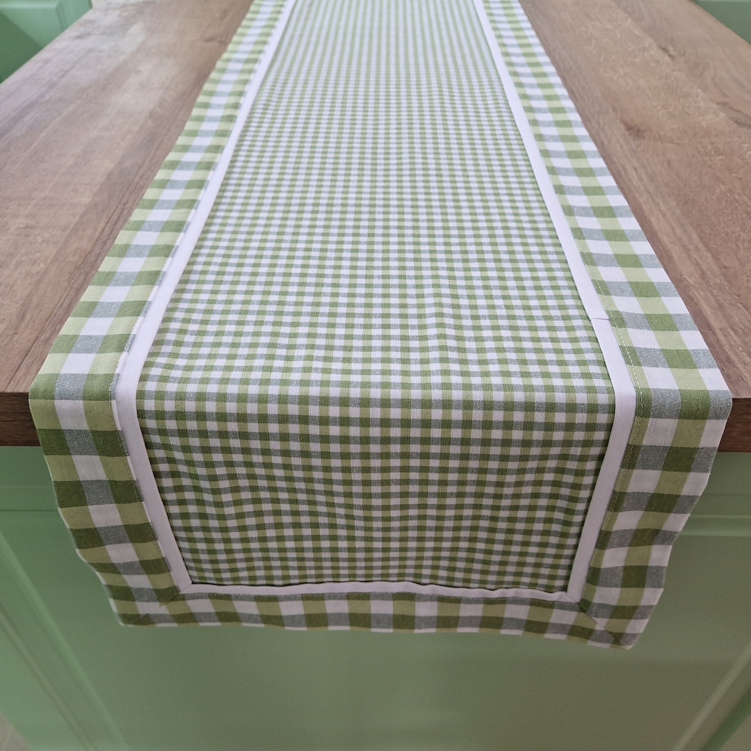 Farmhouse Plaid Gingham Table Runner Green and White With Border
