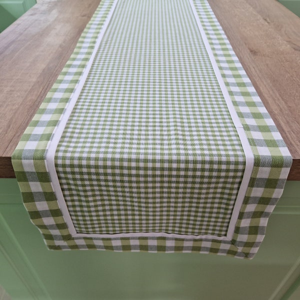 Farmhouse Plaid Gingham Table Runner Green and White with Border, Reversible, Double Layer, Checked Rustic Holiday Dining Room Kitchen Decor