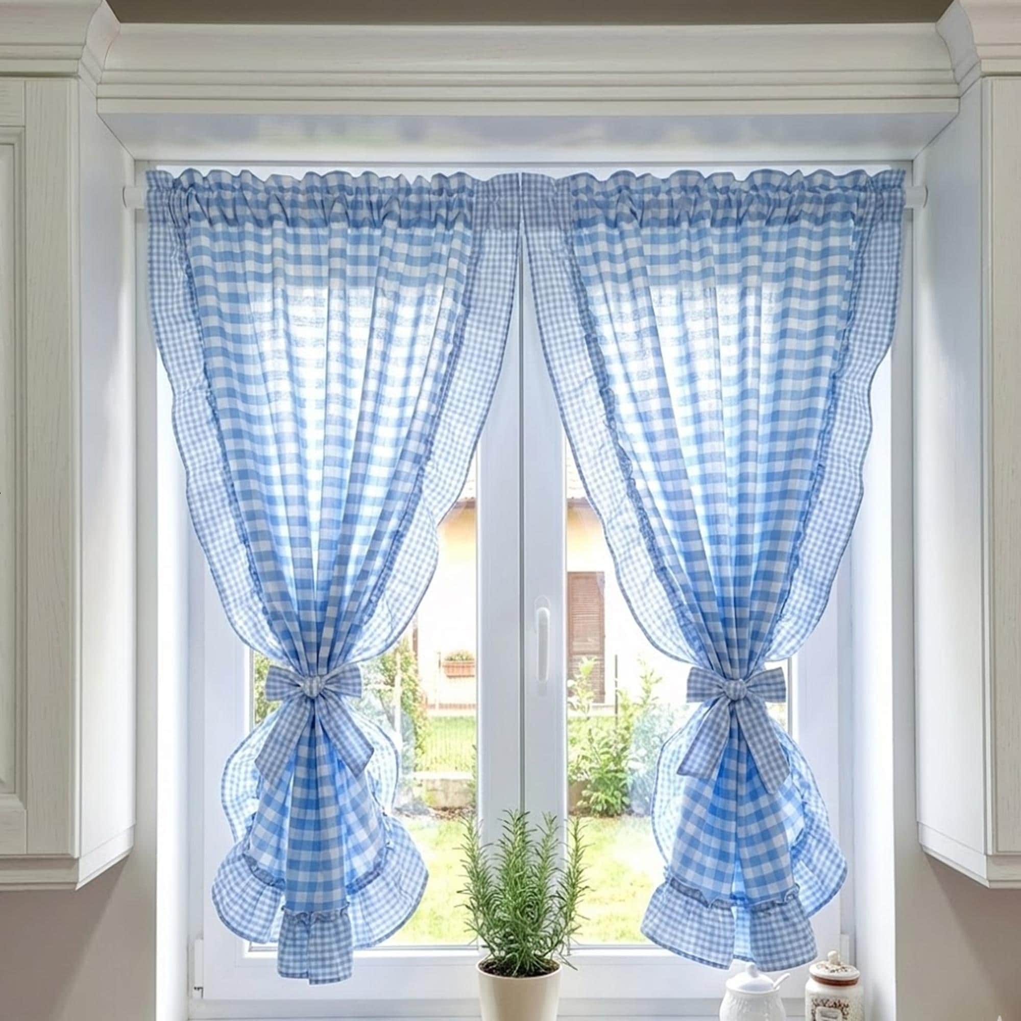 フリル付きレッドギンガムカフェカーテン、コテージキッチンウィンドウ