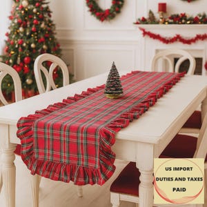 Custom Tartan Ruffle Table Runner - Holiday Christmas Shimmer Red & Green, Cottage Centerpiece