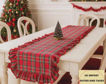 Custom Tartan Ruffle Table Runner - Holiday Christmas Shimmer Red & Green, Cottage Centerpiece