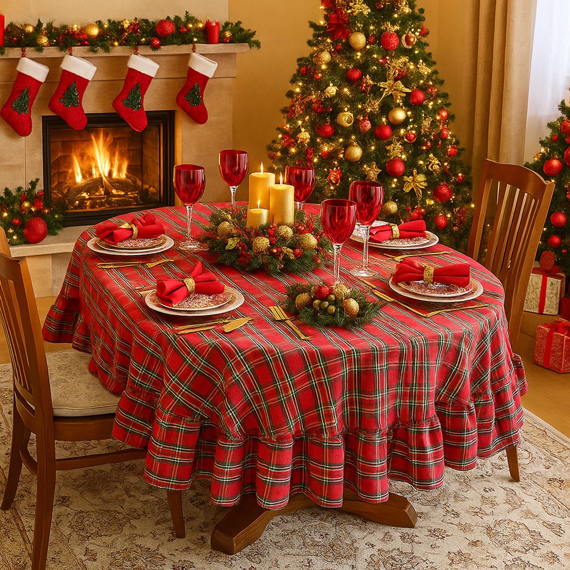 Christmas Ruffle Tablecloth, Delicate Shimmer Red and Green Tartan