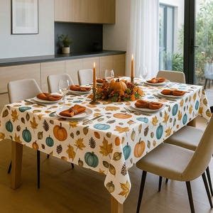 Op de afbeelding: Een wit tafelkleed met een herhalend patroon van oranje en blauwgroene pompoenen, bruine eikels, dennenappels en gele esdoornbladeren. De tafel is gedekt met witte borden, oranje servetten, glazen en twee hoge oranje kaarsen in kandelaars.