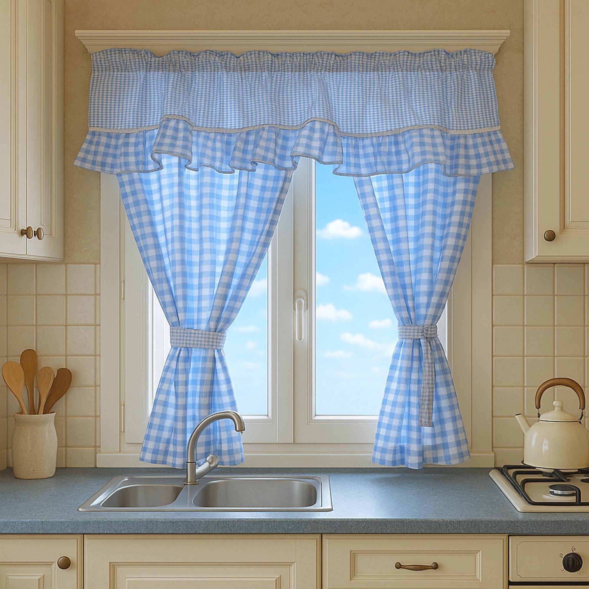 Gingham Cafe Curtains with Ruffled Valance: Light Blue Retro