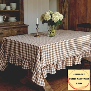 Brown Gingham Ruffle Tablecloth – Handmade Custom Farmhouse Cottagecore Table Decor