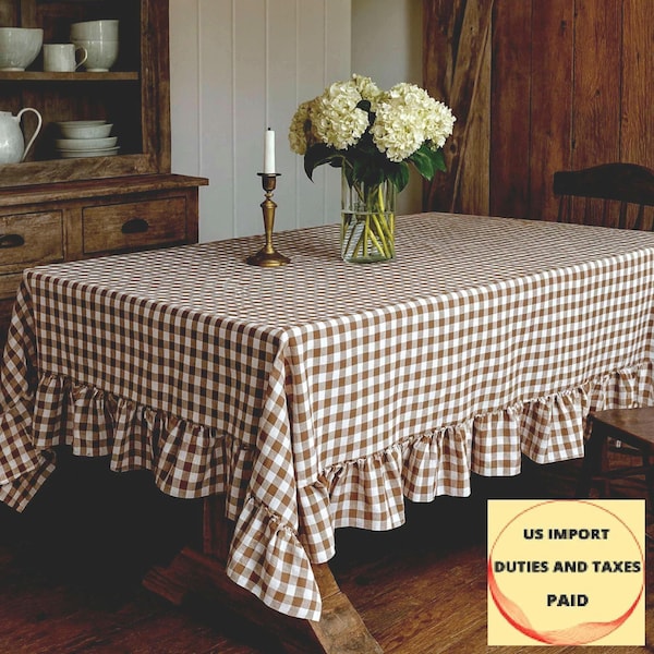 Brown Gingham Ruffle Tablecloth – Handmade Custom Farmhouse Cottagecore Table Decor