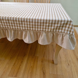 Light Brown Gingham Ruffled Tablecloth- Custom Extra Large Round Oval Rectangle Square, Checkered Farmhouse Rustic Table Cloth 14 Colors
