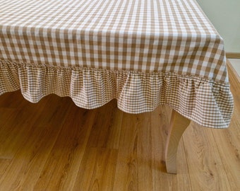 Light Brown Gingham Ruffled Tablecloth- Custom Extra Large Round Oval Rectangle Square, Checkered Farmhouse Rustic Table Cloth 14 Colors