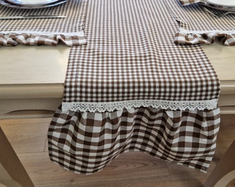 Gingham Plaid Ruffled Table Runner with Lace Border, Custom Size and Color Buffalo Check Coffee Table Decor, Farmhouse Checkered Table Scarf