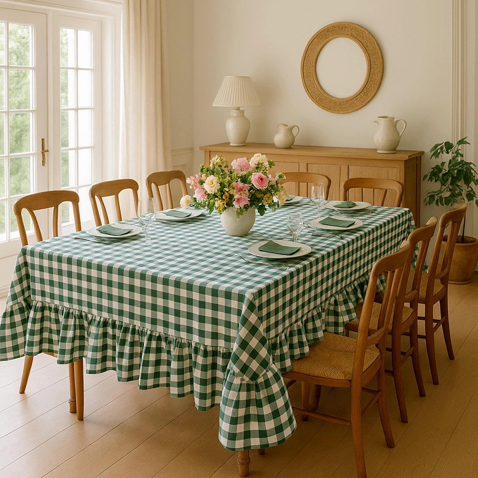 Ruffle Table Cloth Dark Green Gingham: Custom Checked Cotton