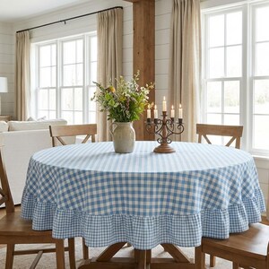 Blue Gingham Ruffle Tablecloth, Custom Size, Farmhouse Checkered Cotton ...