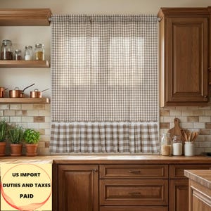 Gingham Cafe Curtains for Retro Kitchen, Custom Size Ruffle Short Panels, English Cottage Drapes