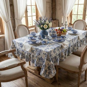 May include: A dining table set with blue and white china and a floral tablecloth. The tablecloth has a ruffled edge. A vase of flowers and a teapot are on the table. The room has a vintage feel, with wooden chairs and curtains.