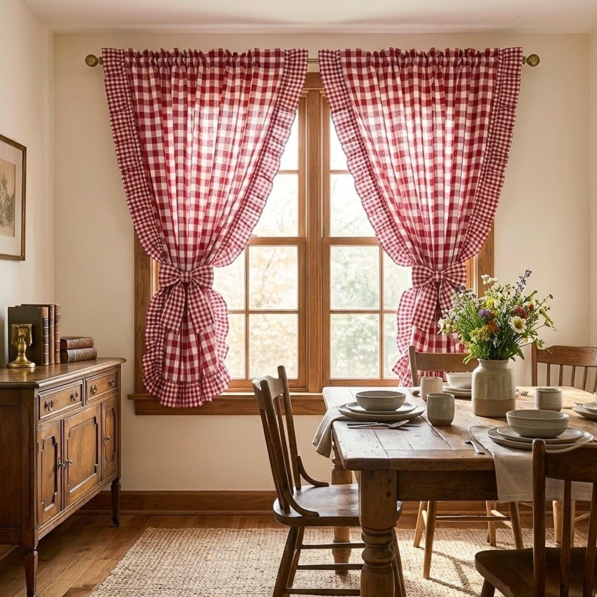 フリル付きレッドギンガムカフェカーテン、コテージキッチンウィンドウ
