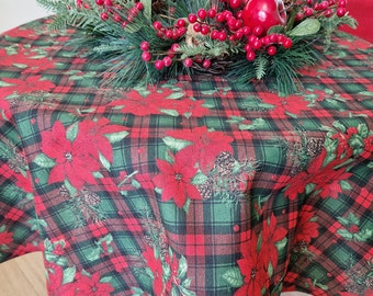 Christmas Poinsettia Round Tablecloth with Red Green Tartan Plaid Pattern, Custom Oval Rectangle Square Xmas Table Cloth for Holiday Dinner