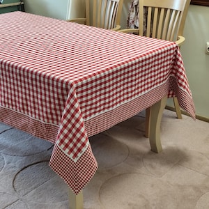 Gingham Tablecloth with Border Red & White + 13 Colors, Custom Size Rectangular or Square Checked Cotton Table Cloth, Modern Farmhouse Style