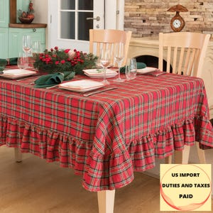 Christmas Ruffle Tablecloth, Delicate Shimmer Red and Green Tartan Plaid, Extra Large Custom Size