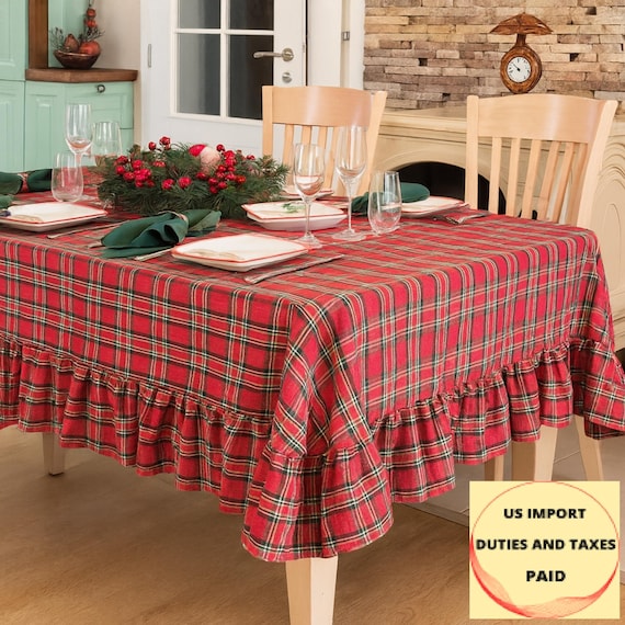 Christmas Ruffle Tablecloth, Delicate Shimmer Red and Green Tartan
