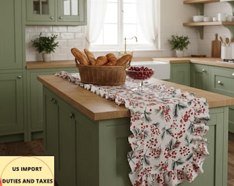 Christmas Table Runner with Ruffles, Holly Berry Print, Custom Retro Cottage Table Centerpiece
