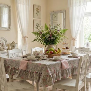 May include: A dining table set with a floral tablecloth featuring a ruffled edge, white ceramic dishes, a woven basket filled with fresh fruit and a large bouquet of wildflowers, and light pink cloth napkins at each place setting.