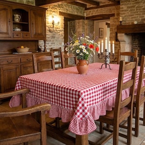 Red and White Gingham Ruffle Tablecloth + 13 Colors, Custom Size Farmhouse Table Cover