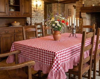 Red and White Gingham Ruffle Tablecloth + 14 Colors, Custom Size Farmhouse Table Cover