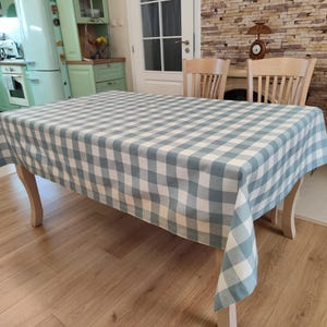 Coated Teal & White Tablecloth, Buffalo Plaid Waterproof Cotton Canvas Custom Size Rectangle Oval Square Round Modern Farmhouse Table Cloth