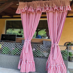 Farmhouse Gingham Ruffle Curtains Red + 13 Colors, Checkered Frilly Valances & Drapes, Custom Size Cotton Plaid Panels, French Country Style