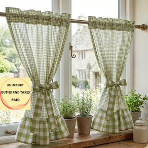 Green Gingham Ruffle Cafe Curtains, Custom Size Farmhouse Kitchen Valance