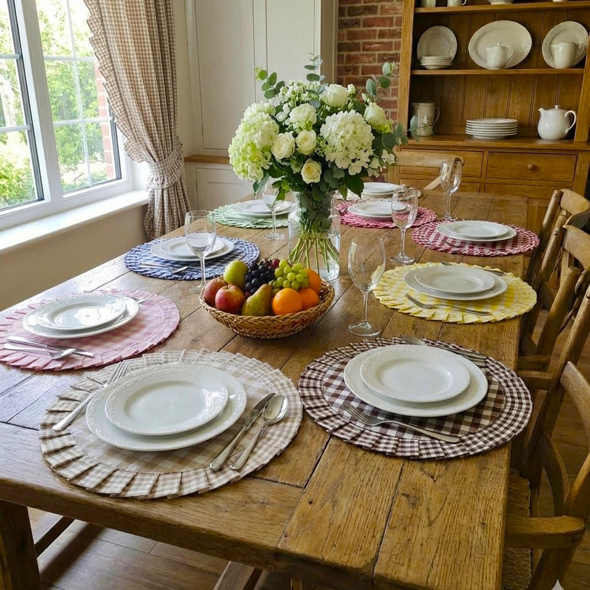 Hard Base Ruffle Mat Round Checkered Ruffled Placemats Sets 15 Colors, Farmhouse Dining ...