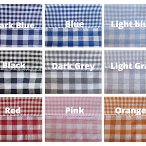 May include: Nine fabric swatches in various colors, each with a gingham pattern. Colors include dark blue, blue, light blue, black, dark gray, light gray, red, pink, and orange. Each swatch has a white border with the color name printed above.