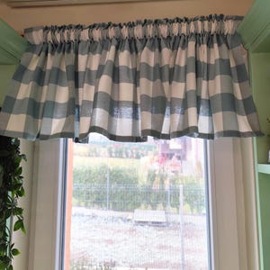 Teal and White Buffalo Plaid Cafe Curtains: Cotton Canvas Farmhouse Kitchen Drapes