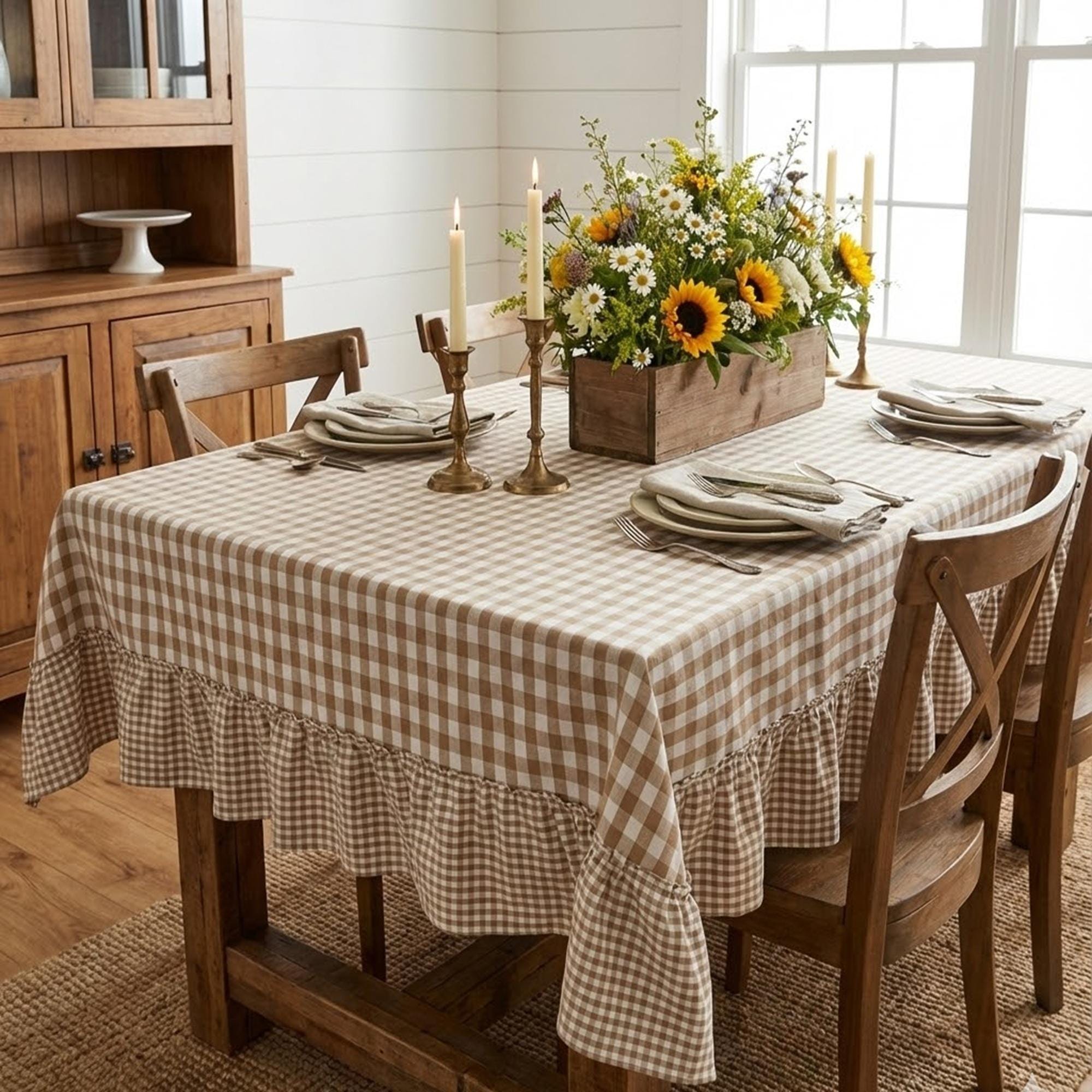 Pink Gingham Ruffle Tablecloth + 14 Colors, Custom Size French