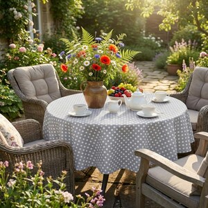 Gray & White Dot Coated Cotton Tablecloth: Waterproof, Stain Resistant, Custom Size