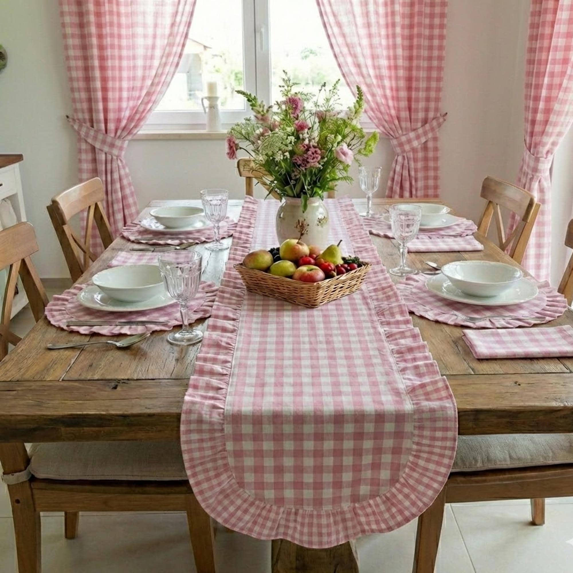 Pink Roullette Table Pink & White Gingham Ruffle Table Runner + 14 Colors, Custom Size ...