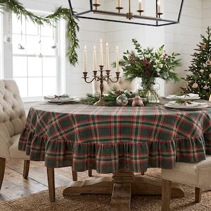 Green Tartan Round Ruffle Tablecloth, Custom Cotton Plaid Christmas Table Cloth, English Country Decor