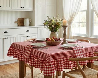 Mini Check Gingham Ruffle Tablecloth, Custom Checkered Cotton Table Cloth, Farmhouse Cottagecore Christmas Decor